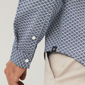 Navy Blue Stretch Oxford Printed Long Sleeve Shirt