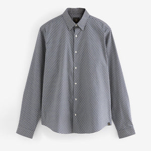 Navy Blue Stretch Oxford Printed Long Sleeve Shirt