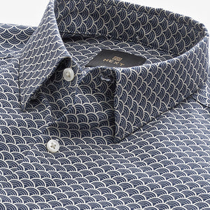 Navy Blue Stretch Oxford Printed Long Sleeve Shirt