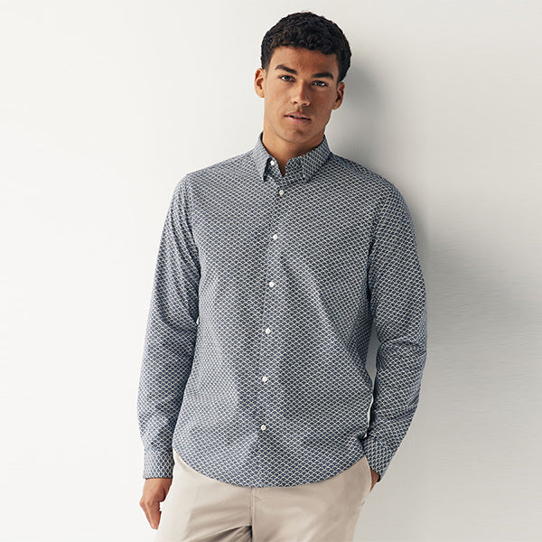 Navy Blue Stretch Oxford Printed Long Sleeve Shirt