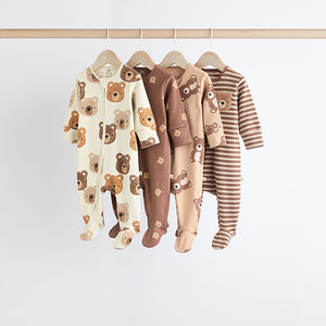 Tan Brown Bear Baby Zipped Sleepsuits 4 Pack (0mths-18mths)