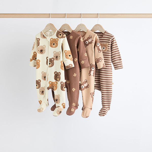 Tan Brown Bear Baby Zipped Sleepsuits 4 Pack (0mths-18mths)