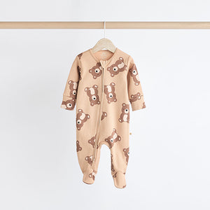 Tan Brown Bear Baby Zipped Sleepsuits 4 Pack (0mths-18mths)