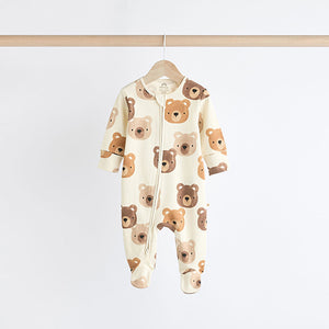 Tan Brown Bear Baby Zipped Sleepsuits 4 Pack (0mths-18mths)