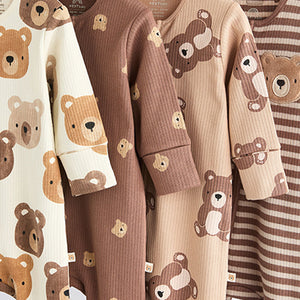 Tan Brown Bear Baby Zipped Sleepsuits 4 Pack (0mths-18mths)