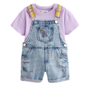 Mid Blue Denim Rainbow Dungarees & T-Shirt Set (3mths-5-6yrs)