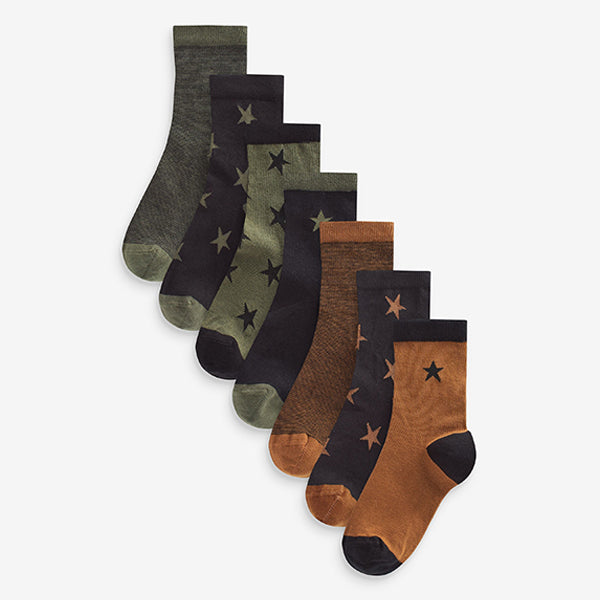 Khaki Green/Tan Brown Cotton Rich Socks 7 Pack (Boys)