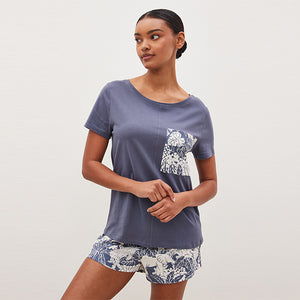 Blue Leaves Cotton Short Sleeve Pyjamas