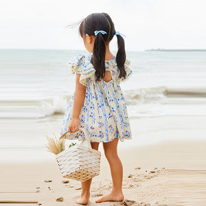 Blue Floral Angel Sleeve Dress (3mths-5-6yrs)