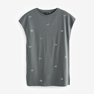 Grey Short Sleeve Gem Diamanté T-Shirt