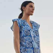 Load image into Gallery viewer, Blue Linen Blend Button Down Relaxed Sleeve Printed Top
