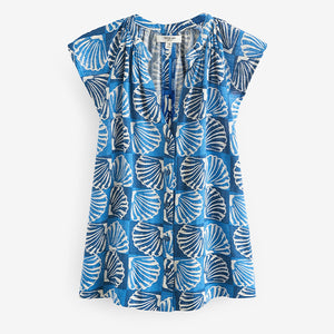 Blue Linen Blend Button Down Relaxed Sleeve Printed Top