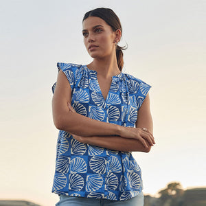 Blue Linen Blend Button Down Relaxed Sleeve Printed Top