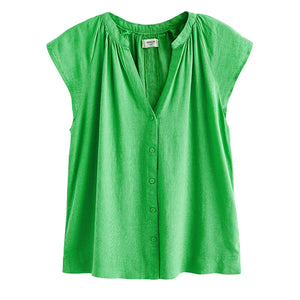 Green Linen Blend Button Down Relaxed Sleeve Top