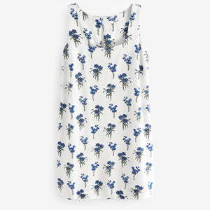 White/Blue Square Neck Shift Mini Dress With Linen