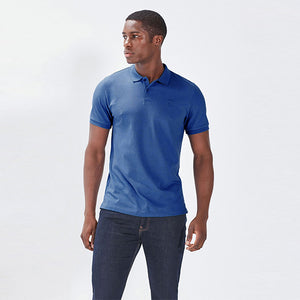 Mid Blue Regular Fit Short Sleeve Pique Polo Shirt