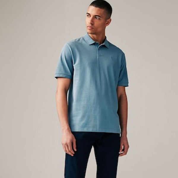 Blue Mid Regular Fit Short Sleeve Pique Polo Shirt