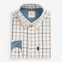 Load image into Gallery viewer, Ecru White/Blue Tattersall Easy Iron Button Down Oxford Shirt
