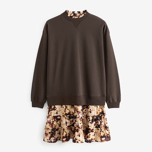 Chocolate Brown Swirl Long Sleeve Printed Layered Sweatshirt Dress