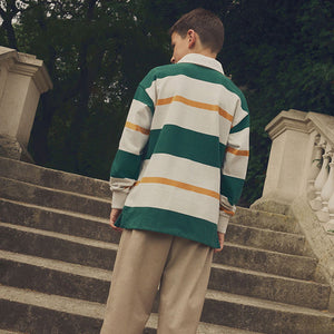 Green/Ecru White Stripe Long Sleeve Rugby 100% Cotton Polo Shirt (3-12yrs)