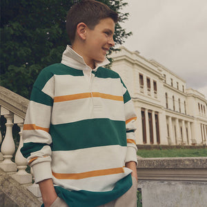 Green/Ecru White Stripe Long Sleeve Rugby 100% Cotton Polo Shirt (3-12yrs)