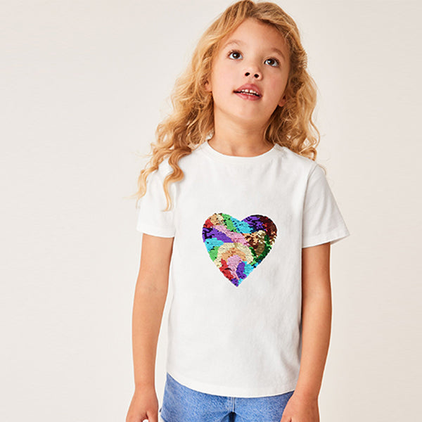 White Rainbow Heart Short Sleeve Sequin T-Shirt (3-12yrs)