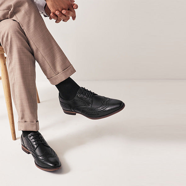 Black Texture Detail Double Wing Brogue Shoes