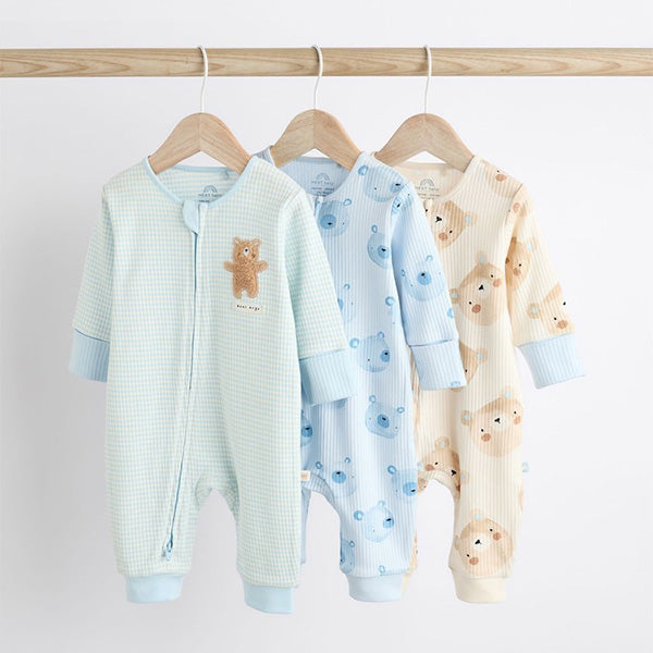 Blue Bear Baby Footless Zip 100% Cotton Sleepsuits 3 Pack