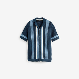 Blue Crochet Stripe Short Sleeved Polo Shirt (3-12yrs)