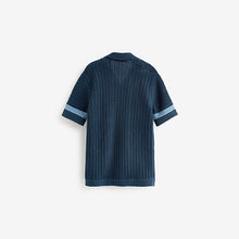 Load image into Gallery viewer, Blue Crochet Stripe Short Sleeved Polo Shirt (3-12yrs)
