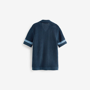 Blue Crochet Stripe Short Sleeved Polo Shirt (3-12yrs)
