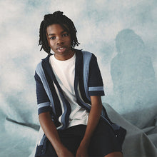 Load image into Gallery viewer, Blue Crochet Stripe Short Sleeved Polo Shirt (3-12yrs)
