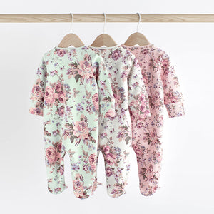 Floral Baby Two Way Zip 100% Cotton Sleespuits 3 Pack (0-12mt)