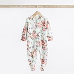 Floral Baby Two Way Zip 100% Cotton Sleespuits 3 Pack (0-12mt)