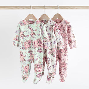 Floral Baby Two Way Zip 100% Cotton Sleespuits 3 Pack (0-12mt)