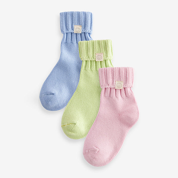 PInk, Blue and Green 3 Pack Cotton Rich Roll Top Ankle Socks