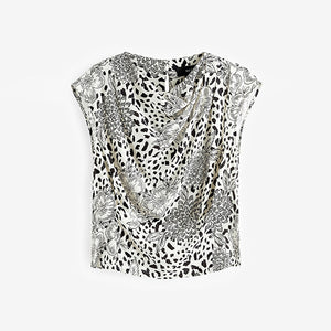 Black/Cream Animal Floral Print Cowl Neck Cap Sleeve Top