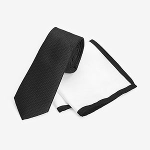 Black/White Slim Tie And Pocket Square Set