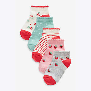 Red/Pink 5 Pack Cotton Rich Strawberry Print Trainer Socks (Older Girls)
