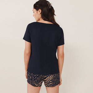 Navy Blue Animal Cotton Short Sleeve Pyjamas