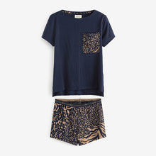 Load image into Gallery viewer, Navy Blue Animal Cotton Short Sleeve Pyjamas
