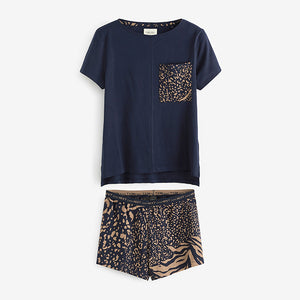 Navy Blue Animal Cotton Short Sleeve Pyjamas