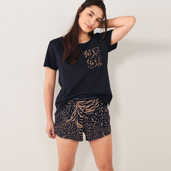 Navy Blue Animal Cotton Short Sleeve Pyjamas