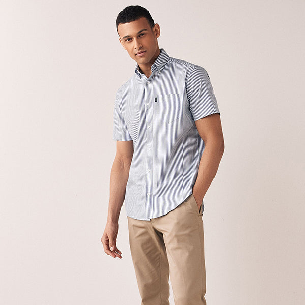 Blue Stripe Regular Fit Short Sleeve Easy Iron Button Down Oxford Shirt
