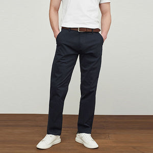 Navy Blue Belted Soft Touch Straight Fit Chino Trousers