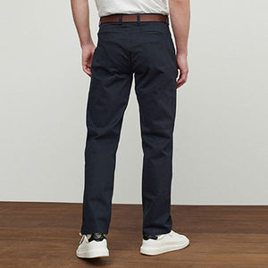 Navy Blue Belted Soft Touch Straight Fit Chino Trousers