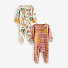 Load image into Gallery viewer, Ochre Yellow/Tan Brown Giraffe Rib Baby Sleepsuits 2 Pack (0mth-18mths)
