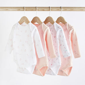 Pink/White Bunny 4 Pack Baby Long Sleeve Bodysuits (0mth-18mths)