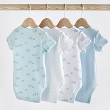 Load image into Gallery viewer, Blue/White Elephant 4 Pack Short Sleeve Baby Bodysuits (0mth-18mths)
