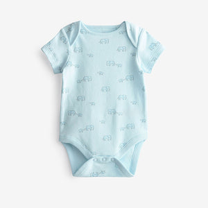 Blue/White Elephant 4 Pack Short Sleeve Baby Bodysuits (0mth-18mths)